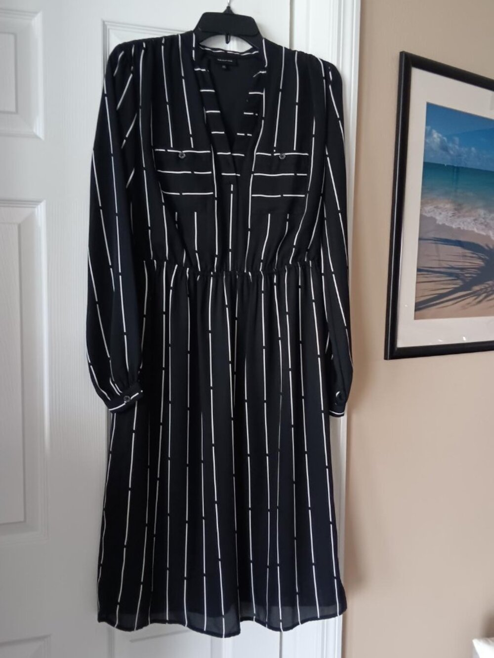 WHO WHAT WEAR Dress Black with Vertical White Stripes Size XS